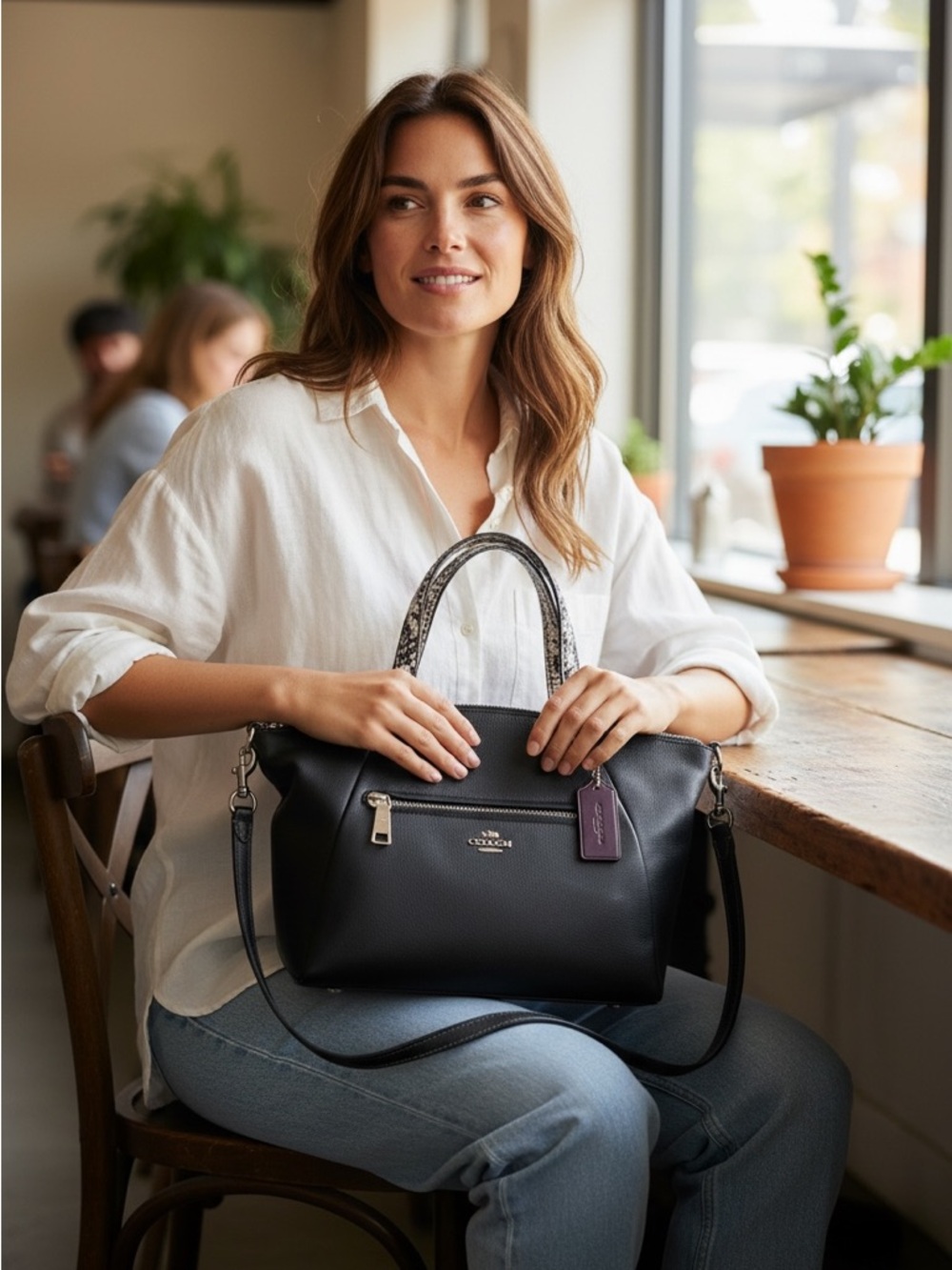 Coach Black Leather Prairie Satchel with Snakeskin-Print Handles